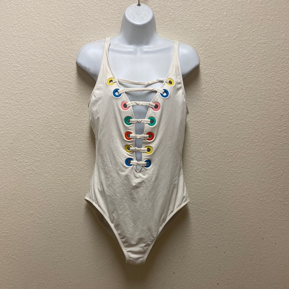 Bleu Rod Beattie Deep V Multicolor Grommet Swimsuit Size 14